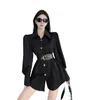 New design women's cool black color turn down collar long sleeve with belt blouse shirt ML