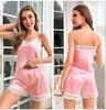 Vêtements de nuit pour femmes garniture en dentelle Sexy bretelles PJS ensemble de sommeil femmes été pyjamas vêtements de détente 2 pièces pyjamas costume soyeux Satin maison vêtements