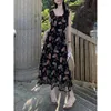 Casual Jurken Vintage Jurk Bloemen Gedrukt Ruffle Bodycon Vrouwen Slanke Elegante Vakantie Mouwloze Zwarte Zomerkleding