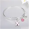 Braccialetti con ciondoli Nastro rosa da donna per la consapevolezza del cancro al seno femminile Bracciale allungabile con filo d'argento Regalo di gioielli per infermiera sopravvissuto Drop De Dhxpg