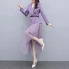 Two Piece Dress Women Spring Autumn Blazers Mesh Skirts 2 Set Korean Office Lady Graceful Purple Suit Jacket With Belt Workwear Outfits