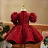 Girl Dresses Chinese Style Vintage Flower Stand Collar Puff Sleeve Bow Birthday Gowns Temperament Junior Bridesmaid