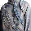 Mens Jackets Washed Stand Collar Rotate Zipper Denim Jacket Heavy Weight Distressed Jean Fashion Punk Coat 230809