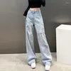 Jeans feminino cintura alta pintado rasgado solto colorido perna larga reto primavera e verão esfregando