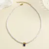 Anhänger Halsketten Quadratische blaue Zirkon Inlay Imitation Perlenkette Frauen Kragen Edelstahl Verschluss Modeschmuck