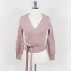 Maglioni da donna Moda coreana Top lavorato a maglia corto Donna Elegante Primavera Autunno Scollo a V Manica a lanterna Lace-Up Slim Maglione rosa Lady Sexy