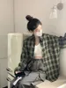 Women's Blouses Vintage Plaid Shirt Korean Fashion Oversized Long Sleeve Green Tops Female Streetwear Button Up