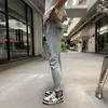 Mens Jeans High Street Fashion Men Retro Light Blue Stretch Skinny Fit Ripped Leather Patched Designer Hip Hop Brand Pants 230809