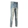 Mens Jeans Streetwear Fashion Distressed Silm Fit Light Blue Damaged Holes Tie Dye Bandana Patchwork Ripped Stretch Graffiti 230809