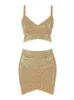 Vestidos de trabalho BEAUKEY Sexy Gold Metalic Hollow Bandage Conjunto de 2 peças 2023 Para Mulheres Spring Party Club Cocktail Bodycon Criss Cross Mini XL