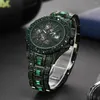 Wristwatches 2023 Hip Hop Watches Mens Automatic Date Green Iced Diamond Clock Fashion Waterproof Quartz WrIstwatch Luxury Man Gift Reloj