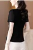 Women's T Shirts V-neck Black Silk Short Sleeve T-shirt Chiffon Shirt 2023 Spring/Summer Fashion Splice Bright Slim Top