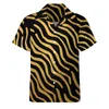 Men's Casual Shirts Retro 70S Art Vacation Shirt Gold Abstract Lines Print Summer Novelty Blouses Short Sleeve Pattern Top Plus Size