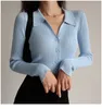 Kvinnor stickar Tees Women Sexy V Neck Long Sleeve Turndown Sticked Cardigan Sweater Autumn Lapel Slim Slimning Tops Ladies Hollow Buttons 230808