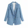 Ternos femininos primavera tweed azul blazers 2023 moda sólido solto blazer outono casual duplo busto streetwear jaquetas chique