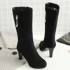 Flock Womens Mid-Calf Boots Fashion Classic High High Heels Boots Женская роскошная хрустальная черная туфли для вечеринок Осенняя зимняя обувь L230704