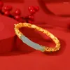 Bangle S925 Sterling Silver Gold Plated Hetian Jade Vintage Auspicious Clouds Ruyi Bamboo Leaf Hollow Armband