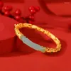 Bangle S925 Sterling Silver Gold مطلي Hetian Jade Vintage Vintage Vintage Vintage Ruyi Bamboo Leaf Bracelet Hollow