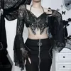 Kvinnors T-skjortor Goth Dark Fairycore Butterfly Sexig spetsskörd Toppar Mall Gothic Grunge Flare Sleeve Sheer T-shirts Kvinnor binder mager alt alt