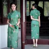 Etnische Kleding Vrouwen Traditionele Chinese Groene Bloemenprint Jurk Vintage Mandarijn Kraag Qipao Lange Slanke Hoge Split Cheongsam