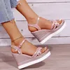 Hielplatform zomer wig wig dames strap open teen dikke bodem casual schoenen goud sier roze sandalen 230808 354