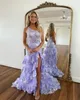 Elegante Lavendel Galajurken Pailletten Kant Avondjurk met één schouder Gelaagde rok Ruglooze Split Formeel Lang Feestjurk voor speciale gelegenheden