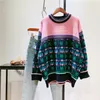 Women's Sweaters 2023 Autumn And Winter Literary Style Forest Contrast Jacquard Sweater Loose Skinny Knitwear Top