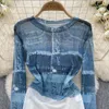 Women's T Shirts Vintage Print Mesh O Neck Long Sleeve Shirt Casual Slim Sexig Chic Thin Tees Women Streetwear Fashion Crop Top