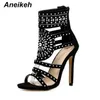 Kvinnor Fashion Open Toe Rhinestone Design High Heel Sandals Crystal Ankle Wrap Glitter Diamond Gladiator Black 230807