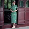 Etnische Kleding Vrouwen Traditionele Chinese Groene Bloemenprint Jurk Vintage Mandarijn Kraag Qipao Lange Slanke Hoge Split Cheongsam