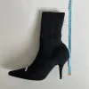 Punhos de marca, meias com nervuras, botas de salto alto, botas de bicicleta com cadarço de couro preto de malha elástica, sapatos femininos de grife de luxo, sapatos de fábrica 8,5 cm