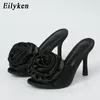 Eilyken Fashion Slippers Summer Silk Flower Peep Toe High Heels Slipper Stripper Slip On Mule Slides Women Party Sexy Sa 1048