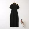 2023 Summer Black Contrast Color EmbroideryDress Short Sleeve Round Neck Buttons Midi Casual Dresses A3Q102218