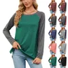 Women's T-Shirt Fashion Women Autumn Color Block Stitching O Neck Long Sleeve Faux Leather Top Clothing