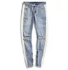 Nya män jeans designer mager rippade vita randiga jeans mode stretch smala dragkammare byxor svartblå
