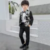 Suits Children Formal Dress Kids Flower Jacket Pants Bowtie 3PCS Piano Costume Boys Bronzing Show Host Handsome Pography Suit 230809