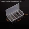 Balıkçılık kancaları 130pcs kutu uzun shank çift balıkçılık kancası kurbağası yem kancaları jig bas için fishhooks 230809 için sinek bağlama duple