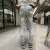 Mens Jeans High Street Fashion Men Retro ljusblå stretch mager fit rippad läder lapped designer hip hop varumärke byxor 230809