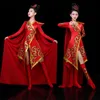 Red stage wear Chinese folk dance costume traditional gown classical performance clothing long dress for singers