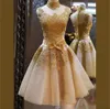 2023 Elegant Homecoming Dresses For Teens High Neck Sheer Neck With Gold Applique Short Prom Dresses Tiered With Bow Sash Cocktail