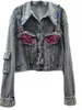 Chaquetas para mujer Heavy Industry Nail Color Diamond Retro Washed Grey Denim Jacket Coat Spring Design Short Jean Top Femme 230808