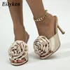 Slipare Eilyeken Summer Fashion Silk Flower Peep Toe High Heels Slipper Stripper Slip On Mule Slides Women Party Sexy Sandal Shoes 230808