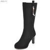 Flock Womens Mid-Calf Boots Fashion Classic High High Heels Boots Женская роскошная хрустальная черная туфли для вечеринок Осенняя зимняя обувь L230704