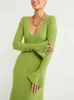 Основные повседневные платья твердые зеленые женские вязаные платья Сексуальные тонкие глубокие ванек
