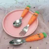 Baby Gadgets Tableware Children Utensil Stainless Steel Toddler Dinnerware Cutlery Cartoon Carrot Kids Infant Food Feeding Spoon ForkZZ