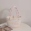 Kvällspåsar Pink Cotton Woven Bag Kvinnors crossover Designhandtag Kontrast Stripe Handbag Beach Holiday Picnic Storage Basket 230809