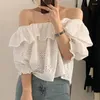Women's Blouses Off Shoulder Summer Ruffled Lace Blouse Women Korean Stylish Loose Sexy Top Woman Slash Neck Short Sleeve Hollow Out Shirt