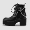 Punkowe w stylu botki platforma kostki czarne okrągłe palce bokne obcasy kobiety skórzane buty z łańcuchami koronkowymi botynami WSH4695 L230704
