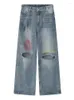 Jeans pour hommes mode haute rue Denim pantalon été ample jambe large personnalisé Graffiti Style coréen usé