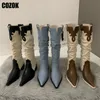 Boots Western Cowboy Boots Ladies Vintage Pointed Toe Denim Winter Women Knee High Boots Long Slip On Pleated Shoes Female 230809